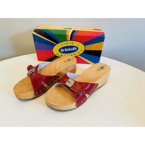 Dr Scholls Women Size 8 M Wood Exercise Clog Sandal Red Leather Slide Shoe New